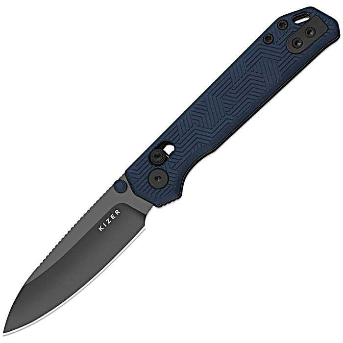 KI34582CDA1 4.13" (10.49cm) closed. 2.9" (7.37cm) black DLC coated S35VN stainless drop point blade. Blue aluminum handle. Lanyard hole. Thumb stud. Pocket clip. Geometric handle artwork.