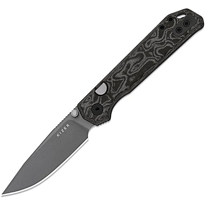 KIV34582BDA2 4.13" (10.49cm) closed. 2.9" (7.37cm) gray PVD coated CTS-BD1 stainless drop point blade. Black Vortex micarta handle. Thumb stud. Lanyard hole. Pocket clip.