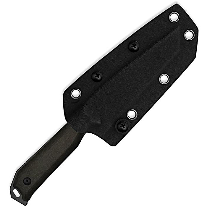 KI1045MT1 7.88" (20.02cm) overall. 3.75" (9.53cm) black coated CPM-3V carbon steel tanto blade. Full, extended tang. Glass breaker. Lanyard hole. Chocolate Glacier Richlite handle. Black Kydex belt sheath.