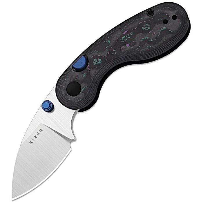 KI2742A4 3.13" (7.95cm) closed. 2.13" (5.41cm) satin finish Bohler M390 stainless drop point blade. Jazzy Camo carbon fiber handle. Pocket clip. Thumb stud.