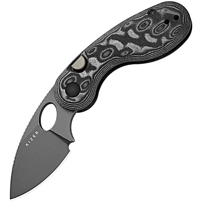 KIV2742A5 3.13" (7.95cm) closed. 2.13" (5.41cm) gray stonewash finish 14C28N Sandvik stainless drop point blade. Black Vortex micarta handle. Thumb pull. Pocket clip.