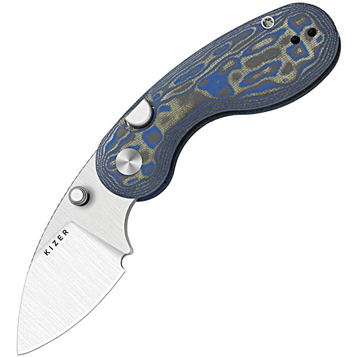 KIV2742A6 3.13" (7.95cm) closed. 2.13" (5.41cm) satin finish 14C28N Sandvik stainless drop point blade. Blue and black Vortex micarta handle. Thumb stud. Pocket clip.