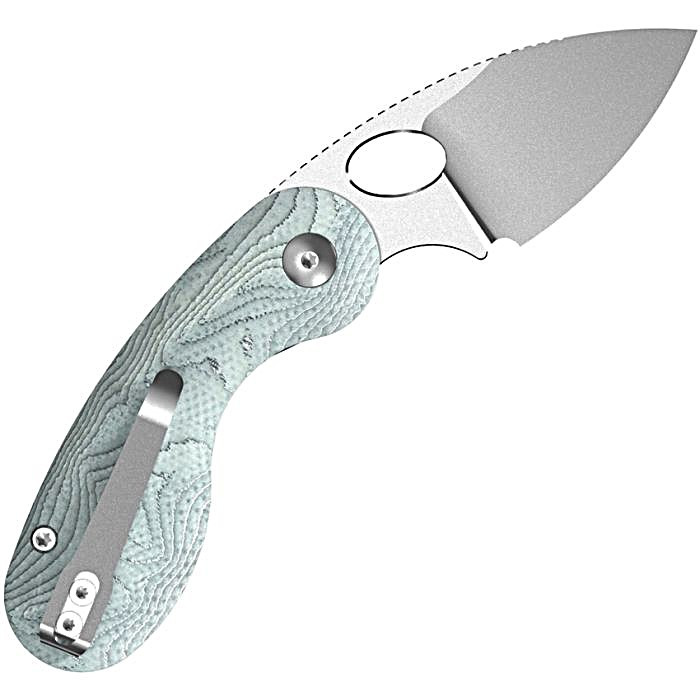 KIV2742A11 3.13" (7.95cm) closed. 2.13" (5.41cm) satin finish 14C28N Sandvik stainless drop point blade. Aluminum foil G10 handle. Thumb stud. Pocket clip.