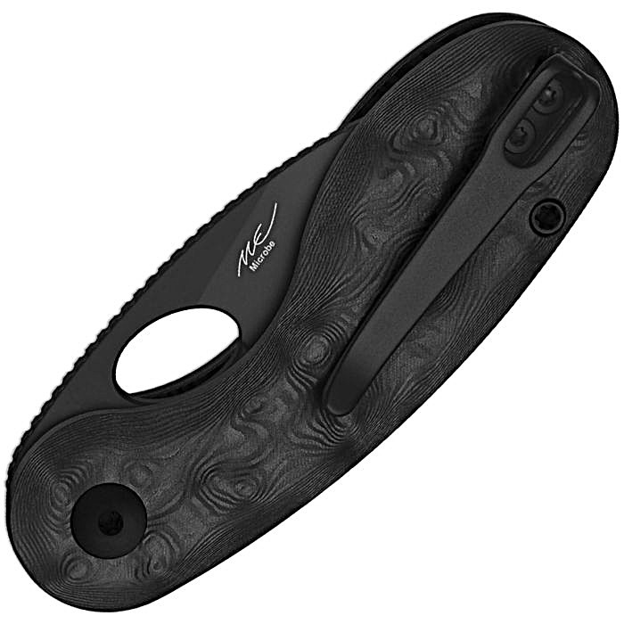 KI2742A3 3.13" (7.95cm) closed. 2.13" (5.41cm) black DLC coated Bohler M390 stainless drop point blade. Black Dunes Fat carbon fiber handle. Thumb pull. Pocket clip.