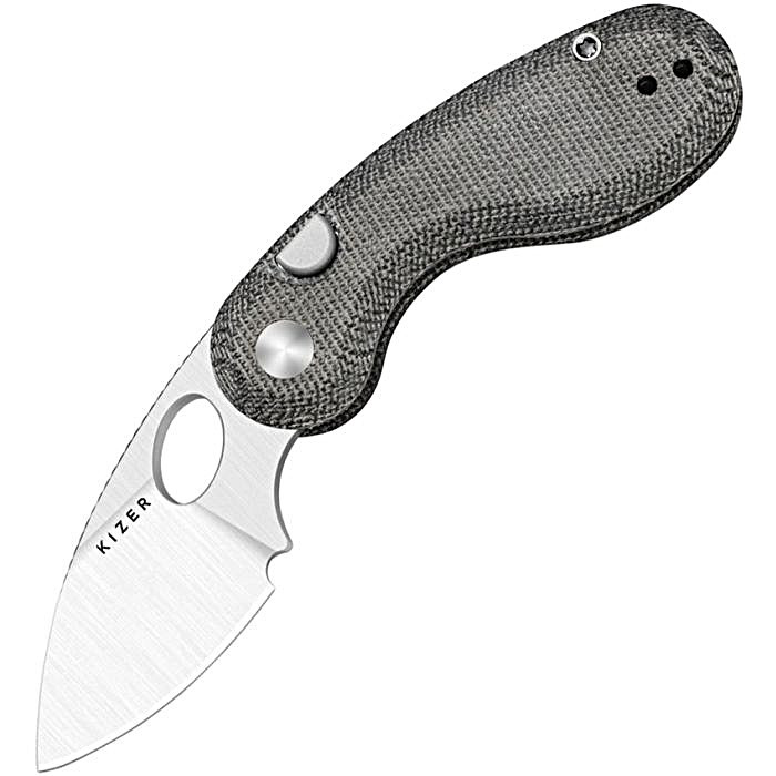 KIV2742A2 3.13" (7.95cm) closed. 2.13" (5.41cm) satin finish 14C28N Sandvik stainless drop point blade. Black Norplex UltreX micarta handle. Thumb pull. Pocket clip.