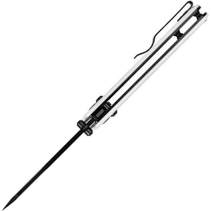 KIV3641A1 4" (10.16cm) closed. 3" (7.62cm) black finish Nitro V steel blade. White sculpted G10 handle. Thumb stud. Pocket clip.
