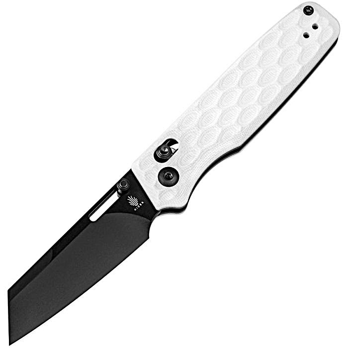 KIV3641A1 4" (10.16cm) closed. 3" (7.62cm) black finish Nitro V steel blade. White sculpted G10 handle. Thumb stud. Pocket clip.