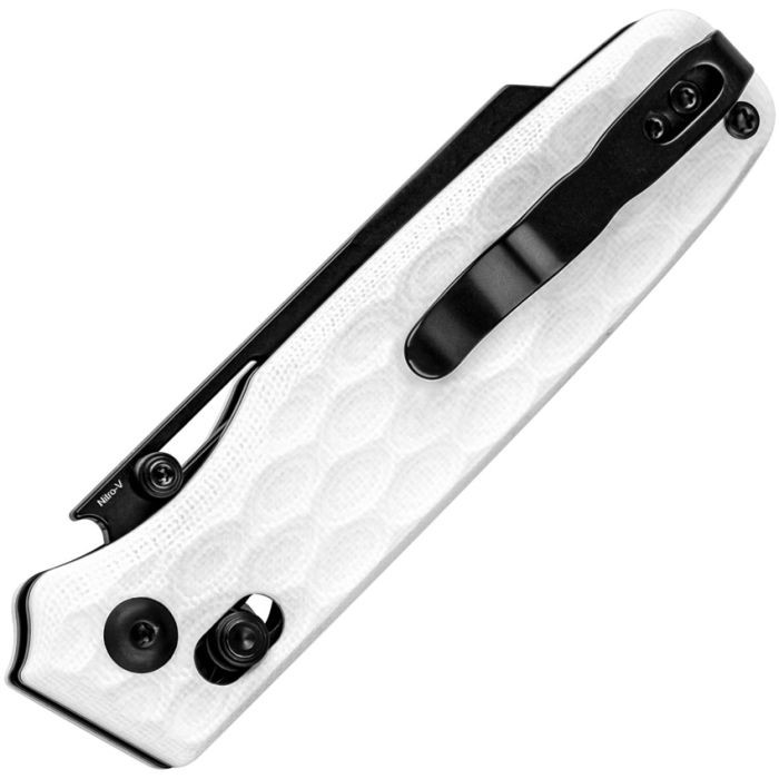 KIV3641A1 4" (10.16cm) closed. 3" (7.62cm) black finish Nitro V steel blade. White sculpted G10 handle. Thumb stud. Pocket clip.