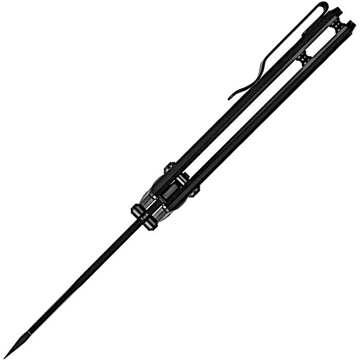 KIV3641C2 4" (10.16cm) closed. 3" (7.62cm) black finish 154CM stainless blade. Black sculpted G10 handle. Thumb stud. Pocket clip.