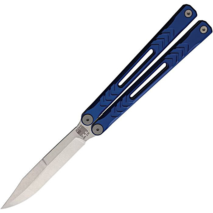 REVNXSSABL 5.75" (14.61cm) closed. 4.5" (11.43cm) stonewash finish 154CM stainless clip point blade. Blue anodized aluminum handle.