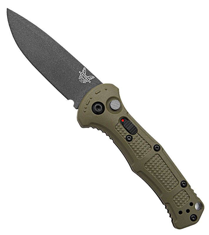 9570BK-03 Benchmade Auto Mini Claymore Ranger Green Grivory Handle, Drop Point Cobalt Black 154CM Blade.
