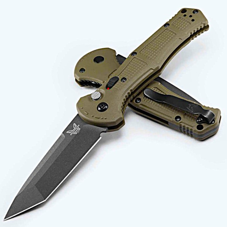 9071BK-03 Benchmade Claymore Auto, Ranger Green Grivory Handle, 3.60" Cobalt Black 154CM Drop Point Blade