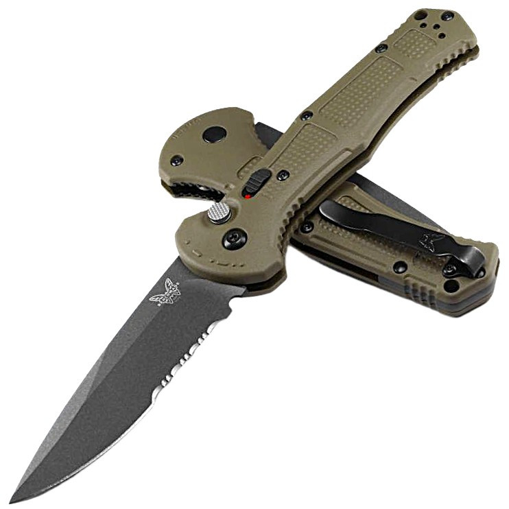 9070SBK-03 Claymore AUTO Folding 3.6" 154CM Cobalt Black Drop Point Combo Blade, Ranger Green Grivory Handle