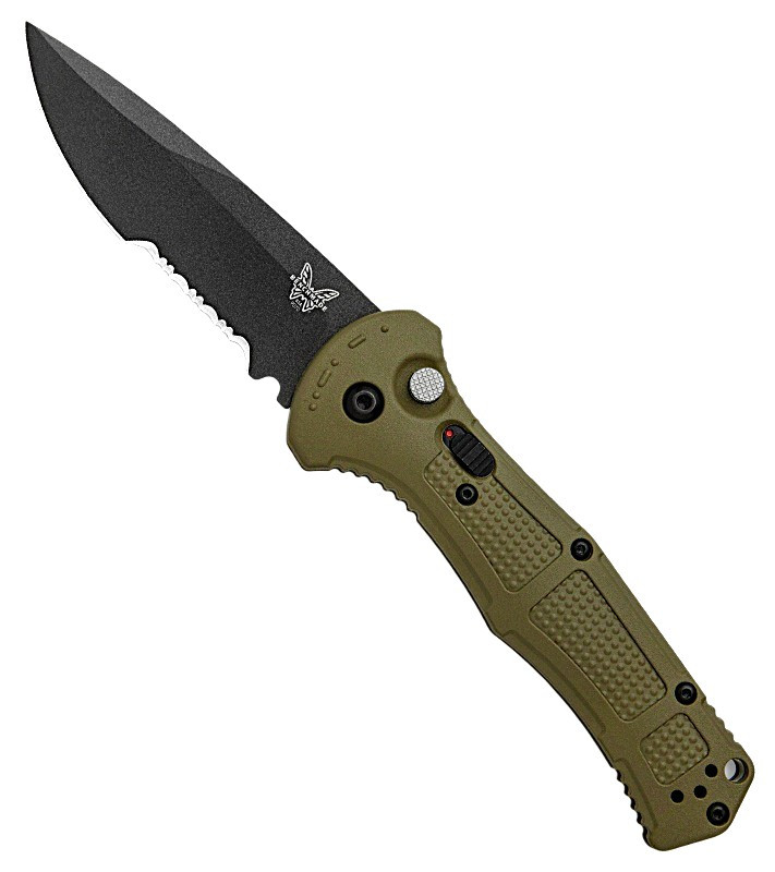 9070SBK-03 Claymore AUTO Folding 3.6" 154CM Cobalt Black Drop Point Combo Blade, Ranger Green Grivory Handle