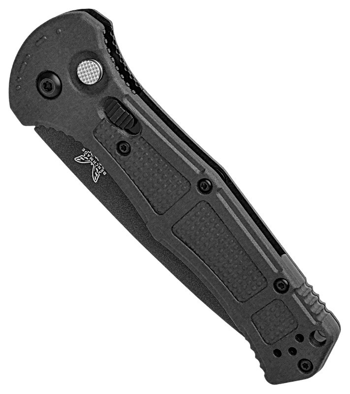 9070SBK-02 Claymore AUTO Folding 3.6" 154CM Cobalt Black Drop Point Combo Blade, Black Grivory Handle