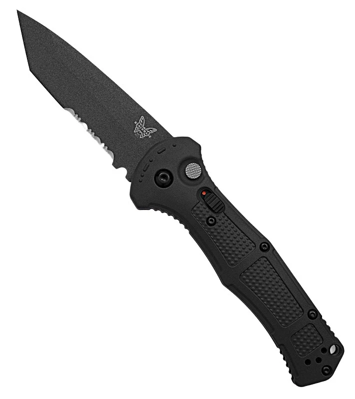 9071SBK-02 Claymore AUTO Folding 3.6" 154CM Cobalt Black Combo Tanto Blade, Black Grivory Handle