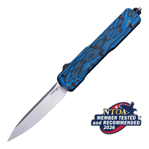 HO34873 Automatic opening. 5" (12.7cm) closed. 3.38" (8.59cm) stonewash finish CPM-20CV stainless drop point blade. Blue G10 G-Mascus handle with black aluminum back handle. Glass breaker. Lanyard hole. Pocket clip.