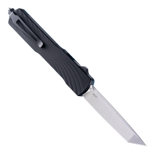 HO34863 Automatic opening. 5" (12.7cm) closed. 3.38" (8.59cm) tumbled finish CPM-20CV stainless tanto blade. Blue lava G10 G-Mascus handle. Glass breaker. Pocket clip. Lanyard hole.