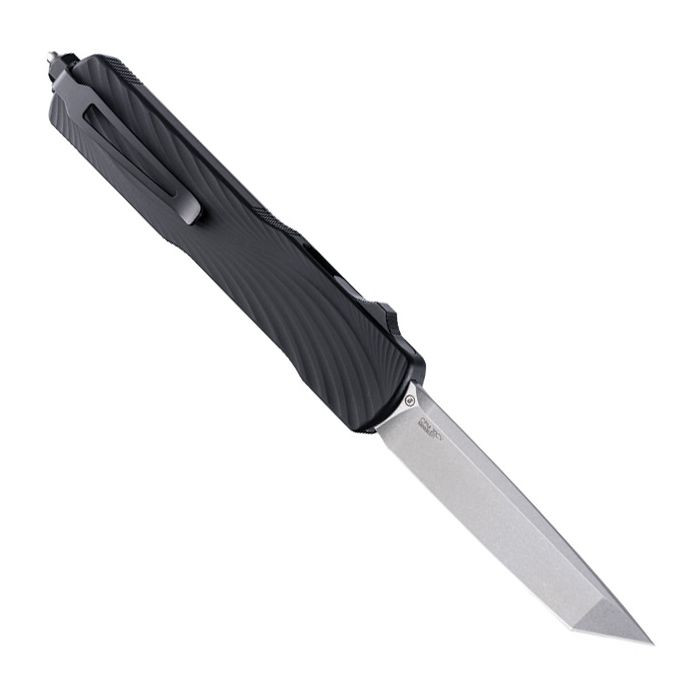 HO34869 Automatic opening. 5" (12.7cm) closed. 3.38" (8.59cm) tumbled finish CPM-20CV stainless tanto blade. Black G10 G-Mascus handle. Lanyard hole. Pocket clip. Glass breaker.