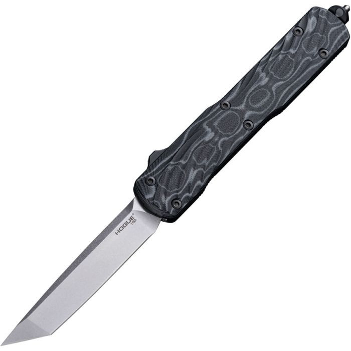 HO34869 Automatic opening. 5" (12.7cm) closed. 3.38" (8.59cm) tumbled finish CPM-20CV stainless tanto blade. Black G10 G-Mascus handle. Lanyard hole. Pocket clip. Glass breaker.