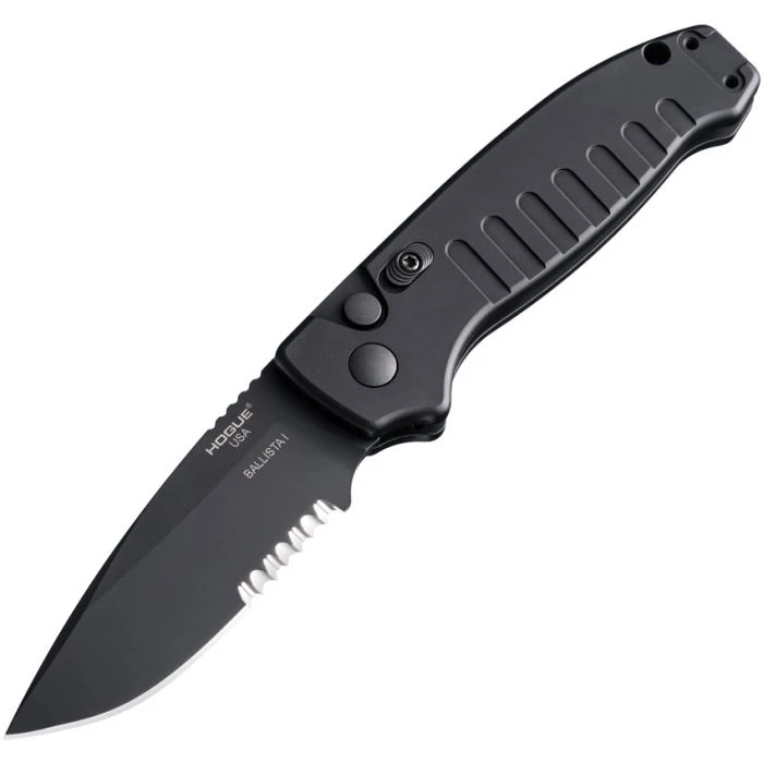 HO64139 Auto Ballista I Button Lock Black Cerakote Partially Serrated 154CM Drop Point Blade, Black Aluminum Handle