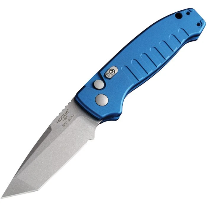 HO64123 Auto Ballista Button Lock Tumble 154CM Tanto Blade, Blue Aluminum Handle