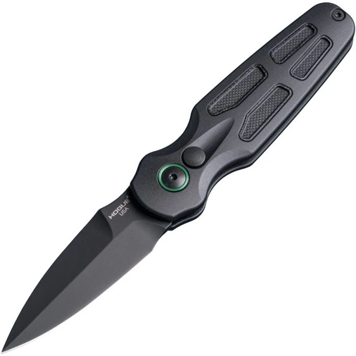 HO64232 Automatic opening. 3.88" (9.86cm) closed. 2.63" (6.68cm) black PVD coated CPM MagnaCut stainless blade. Black anodized aluminum handle with black G10 insert. Pocket clip. Bayonet style blade. Green anodized titanium accents.