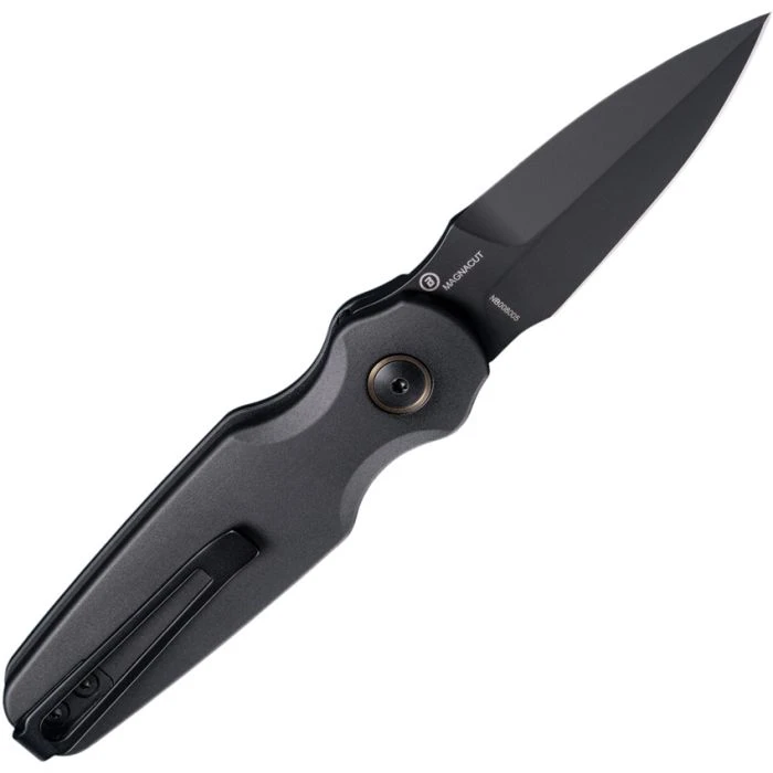 HO64236 Automatic opening. 3.88" (9.86cm) closed. 2.63" (6.68cm) black PVD coated CPM MagnaCut stainless blade. Black anodized aluminum handle with Ultem insert. Pocket clip. Bayonet style blade. Gold anodized titanium accents.
