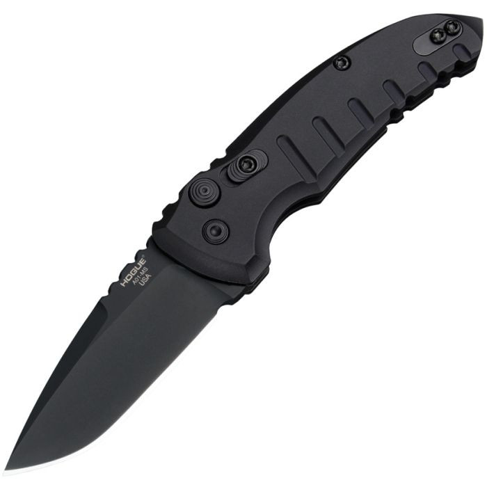 HO24116 Auto A01 Microswitch Button Automatic opening. 3.88" (9.86cm) closed. 2.75" (6.99cm) black Cerakote finish CPM-154 stainless drop point blade. Black anodized aluminum handle. Pocket clip. Manual safety.