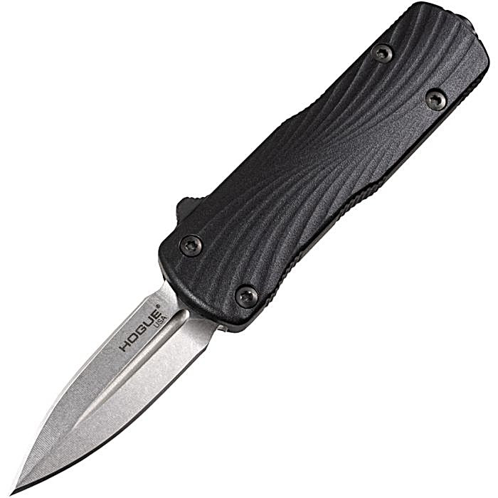 HO34709 Automatic opening. 3" (7.62cm) closed. 2" (5.08cm) tumbled finish double edge CPM MagnaCut stainless dagger blade. Black sculpted polymer handle. Pocket clip.