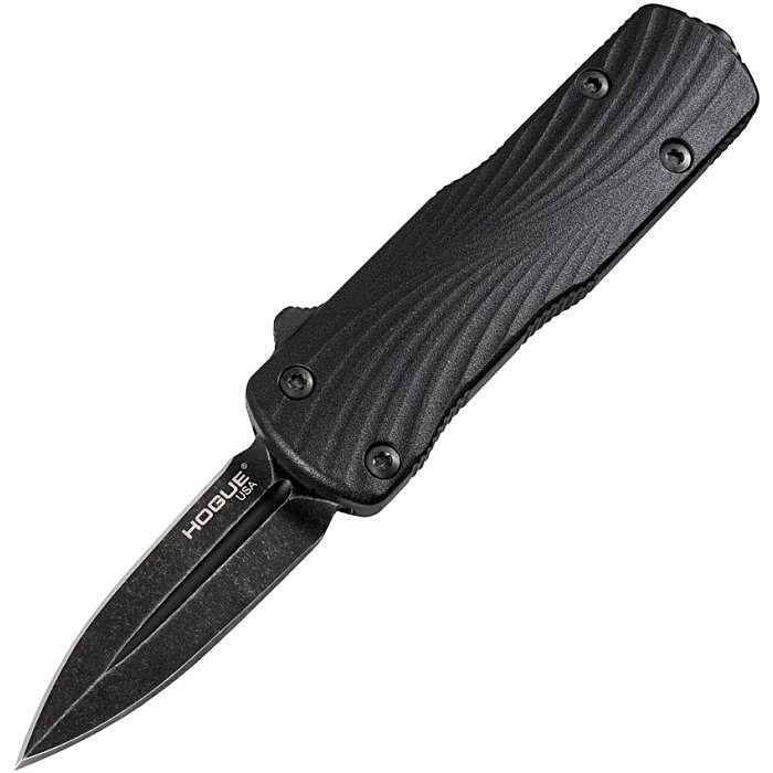 HO34706 Automatic opening. 3" (7.62cm) closed. 2" (5.08cm) black stonewash finish double edge CPM MagnaCut stainless dagger blade. Black sculpted polymer handle. Pocket clip.