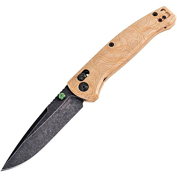 HO24459 4.38" (11.13cm) closed. 3.38" (8.59cm) black stonewash finish CPM MagnaCut stainless drop point blade. Lanyard hole. Pocket clip. Maple Valley Richlite handle. Green anodized titanium thumb studs.