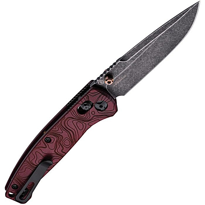 HO24452 4.38" (11.13cm) closed. 3.38" (8.59cm) black stonewash finish CPM MagnaCut stainless drop point blade. Thumb stud. Lanyard hole. Pocket clip. Redstone Richlite handle.