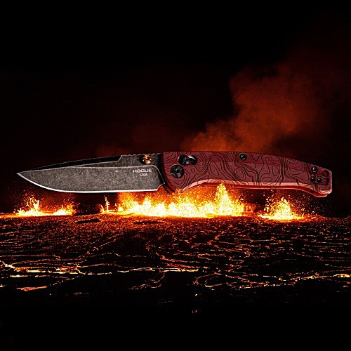 HO24452 4.38" (11.13cm) closed. 3.38" (8.59cm) black stonewash finish CPM MagnaCut stainless drop point blade. Thumb stud. Lanyard hole. Pocket clip. Redstone Richlite handle.