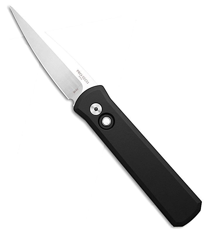 Pro-Tech Godson Automatic Knife 3.15" CPM-20CV Satin Plain Blade, Black Aluminum Handle, Mother of Pearl Button