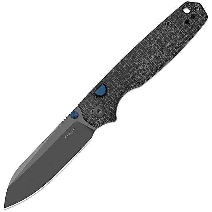 KIV3789BSA1 Pokiman Button Linerlock 4.25" (10.8cm) closed. 3.13" (7.95cm) gray PVD coated AEB-L stainless sheepsfoot blade. Gray micarta handle. Thumb stud. Lanyard hole. Pocket clip.