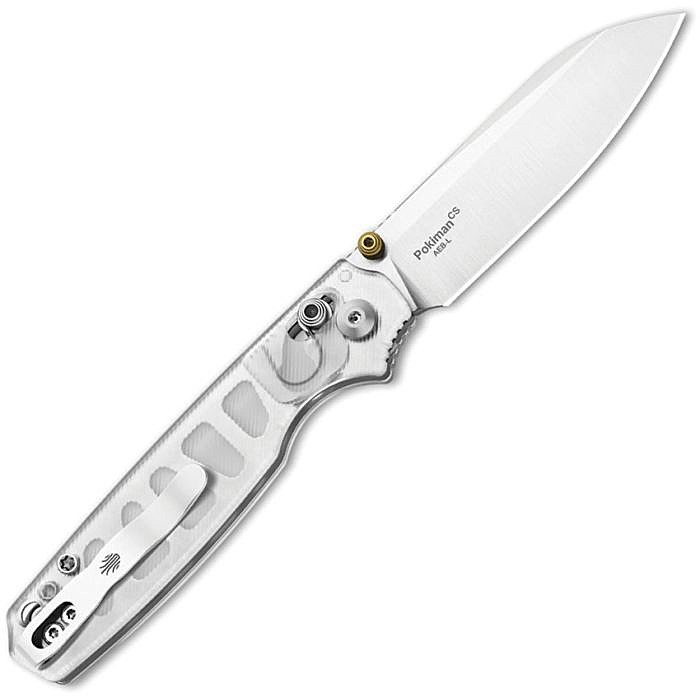 KIV3789A5 4.25" (10.8cm) closed. 3.25" (8.26cm) satin finish AEB-L stainless sheepsfoot blade. Clear acrylic handle. Thumb stud. Lanyard hole. Pocket clip.