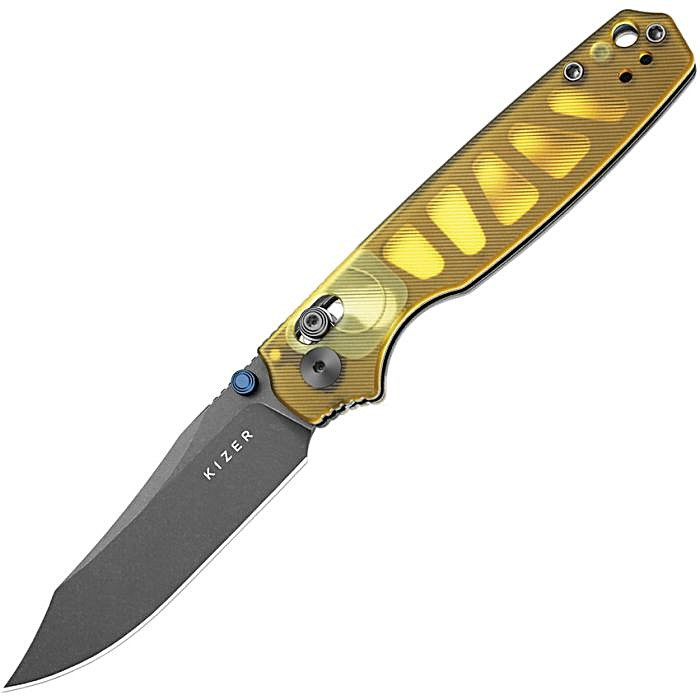 KIV3789A3 4.25" (10.8cm) closed. 3.25" (8.26cm) gray stonewash finish AEB-L stainless clip point blade. Amber PEI handle. Thumb stud. Lanyard hole. Pocket clip.