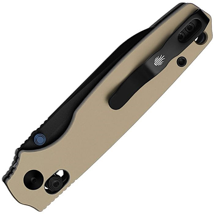 KIV3789A6 4.25" (10.8cm) closed. 3.25" (8.26cm) black PVD coated AEB-L stainless sheepsfoot blade. Tan anodized aluminum handle. Thumb stud. Lanyard hole. Pocket clip.