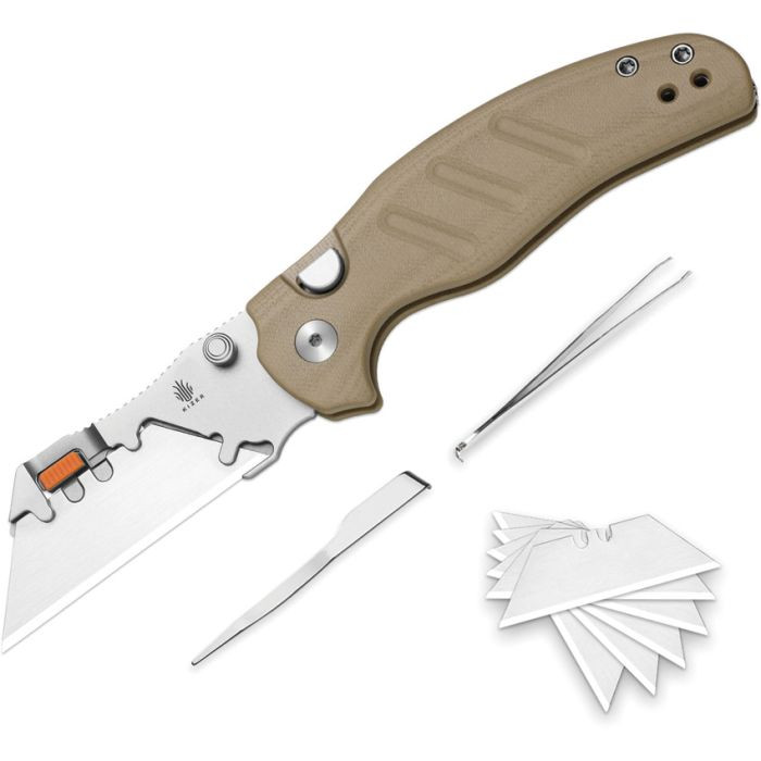 KIV348829JNA2 4.13" (10.49cm) closed. 2.88" (7.32cm) 5Cr15MoV stainless blade. Tan G10 handle. Thumb stud. Pocket clip. Tweezers and toothpick in handle. Snap-in blade system. Comes with six replaceable blades. Bead blast finish blade holder.
