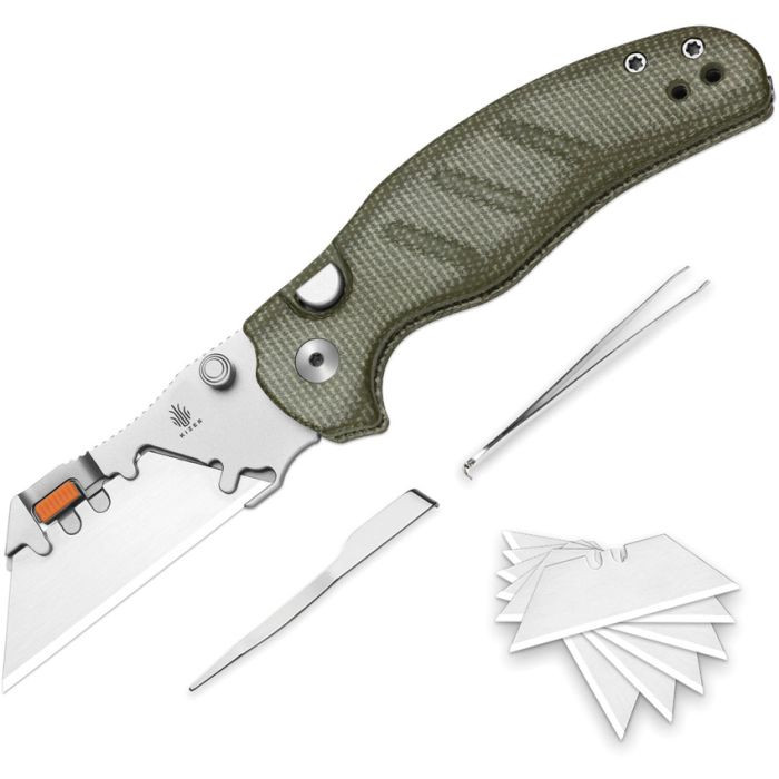 KIV348829JNA1 4.13" (10.49cm) closed. 2.88" (7.32cm) 5Cr15MoV stainless blade. Green micarta handle. Thumb stud. Pocket clip. Tweezers and toothpick in handle. Snap-in blade system. Comes with six replaceable blades. Satin finish blade holder.