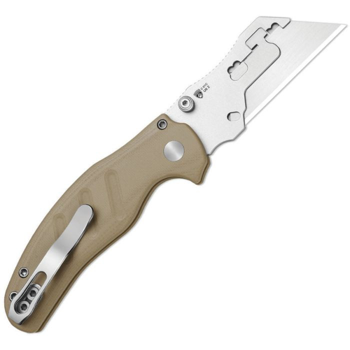 KIV348829JNA2 4.13" (10.49cm) closed. 2.88" (7.32cm) 5Cr15MoV stainless blade. Tan G10 handle. Thumb stud. Pocket clip. Tweezers and toothpick in handle. Snap-in blade system. Comes with six replaceable blades. Bead blast finish blade holder.