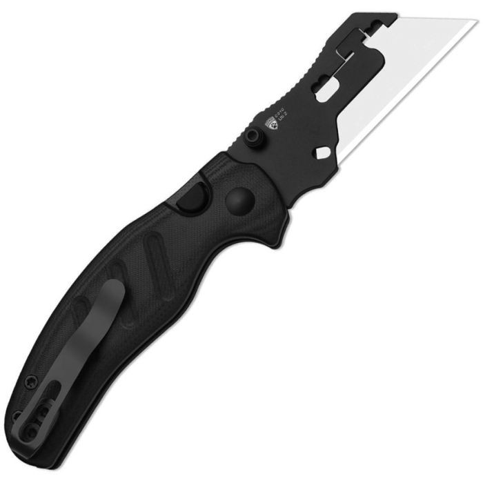KIV348829JNA3 4.13" (10.49cm) closed. 2.88" (7.32cm) 5Cr15MoV stainless blade. Black G10 handle. Pocket clip. Thumb stud. Tweezers and toothpick in handle. Snap-in blade system. Comes with six replaceable blades. Black finish blade holder.