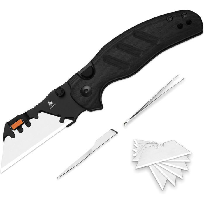 KIV348829JNA3 4.13" (10.49cm) closed. 2.88" (7.32cm) 5Cr15MoV stainless blade. Black G10 handle. Pocket clip. Thumb stud. Tweezers and toothpick in handle. Snap-in blade system. Comes with six replaceable blades. Black finish blade holder.