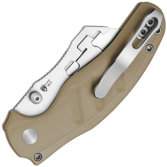 KIV348829JNA2 4.13" (10.49cm) closed. 2.88" (7.32cm) 5Cr15MoV stainless blade. Tan G10 handle. Thumb stud. Pocket clip. Tweezers and toothpick in handle. Snap-in blade system. Comes with six replaceable blades. Bead blast finish blade holder.