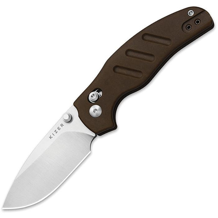 KIV348829CDA1 4.13" (10.49cm) closed. 2.95" (7.49cm) satin finish Nitro V steel drop point blade. Brown Norplex UltreX micarta handle. Thumb stud. Pocket clip.