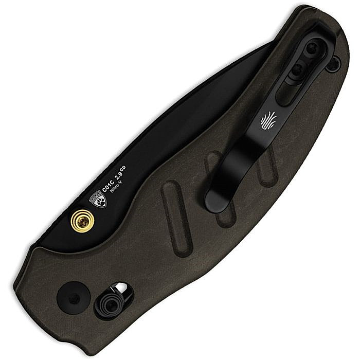 KIV348829CDA2 4.13" (10.49cm) closed. 2.95" (7.49cm) black PVD coated Nitro V steel drop point blade. Thumb stud. Pocket clip. Richlite handle.