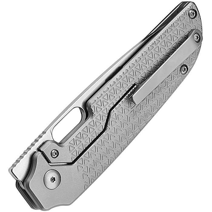 KI3637A1 4.5" (11.43cm) closed. 3.25" (8.26cm) stonewash finish S35VN stainless blade. Gray textured titanium handle. Thumb pull. Pocket clip. Extended tang. Black nylon pouch.