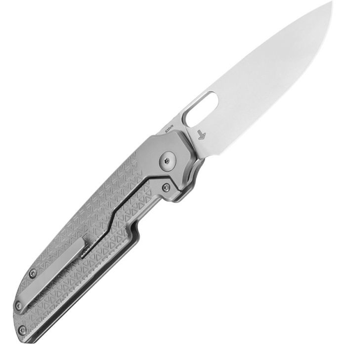 KI3637A1 4.5" (11.43cm) closed. 3.25" (8.26cm) stonewash finish S35VN stainless blade. Gray textured titanium handle. Thumb pull. Pocket clip. Extended tang. Black nylon pouch.