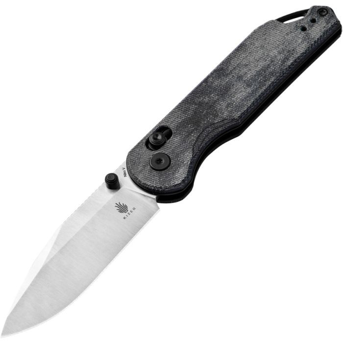 KIV3549A2 4.25" (10.8cm) closed. 3" (7.62cm) satin finish Nitro V steel blade. Denim micarta handle. Thumb stud. Lanyard hole. Pocket clip.